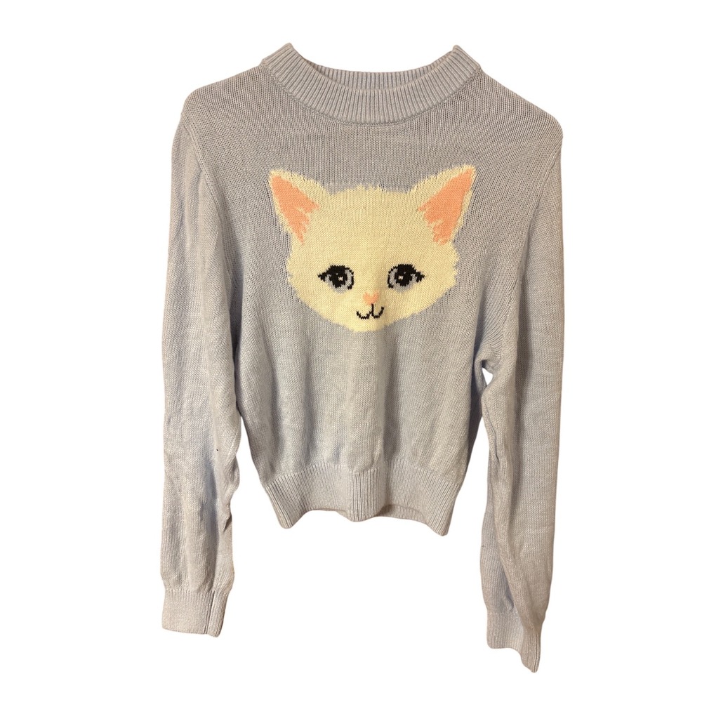H&M Divided Light Blue Cat‎ Face Knit Sweater XS